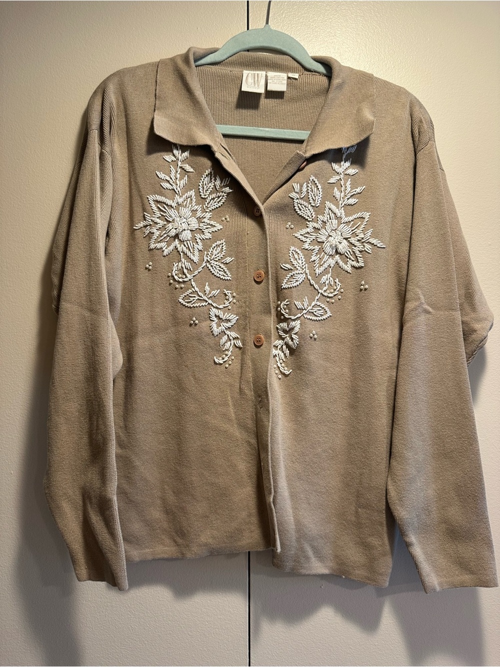 CW Beaded Floral Embroidered Taupe Button-Up Cardigan